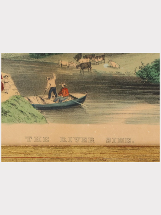 Currier and Ives Hand-Colored Lithograph "The River Side," 19th Century