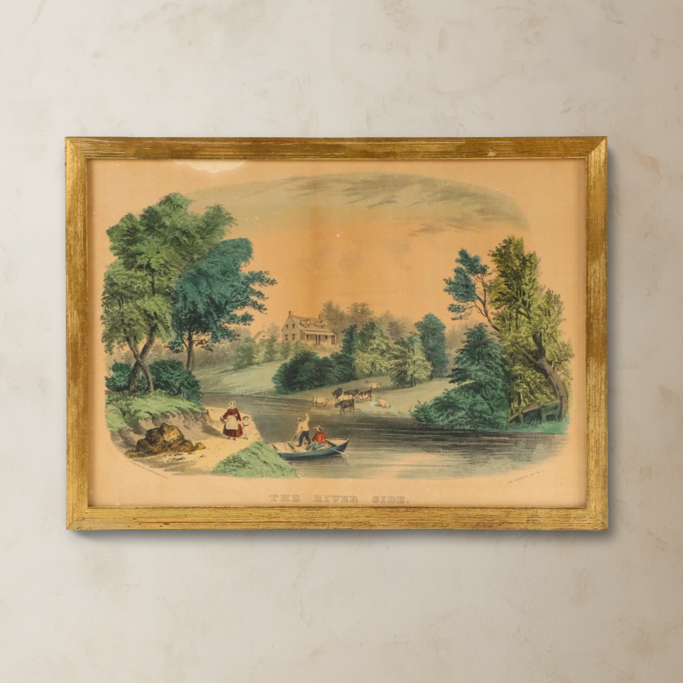 Currier and Ives Hand-Colored Lithograph "The River Side," 19th Century