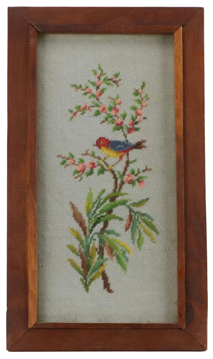Handmade Needlepoint Bird on Spring Flower Branch