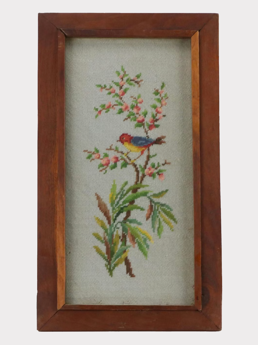 Handmade Needlepoint Bird on Spring Flower Branch