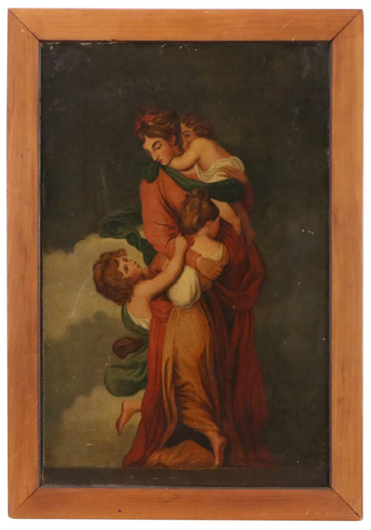 A 19th century oil painting after Sir Joshua Reynolds 'Charity' depicting a motherly figure cradling a child, with a dramatic play of light and shadow, signed and presented in a wooden frame.