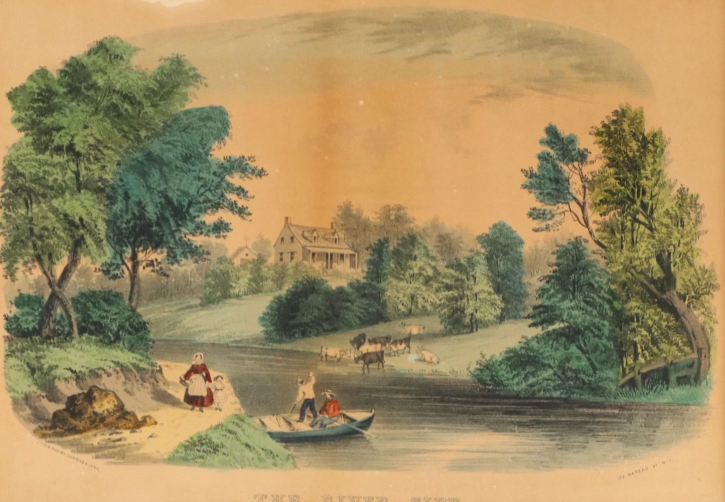 Currier and Ives Hand-Colored Lithograph "The River Side," 19th Century