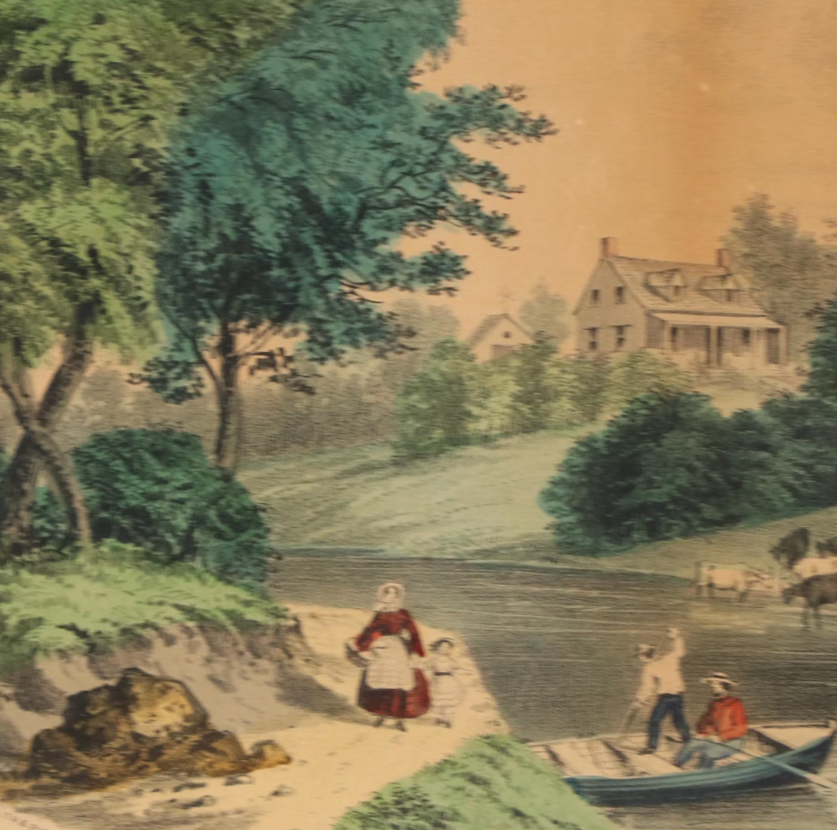 Currier and Ives Hand-Colored Lithograph "The River Side," 19th Century