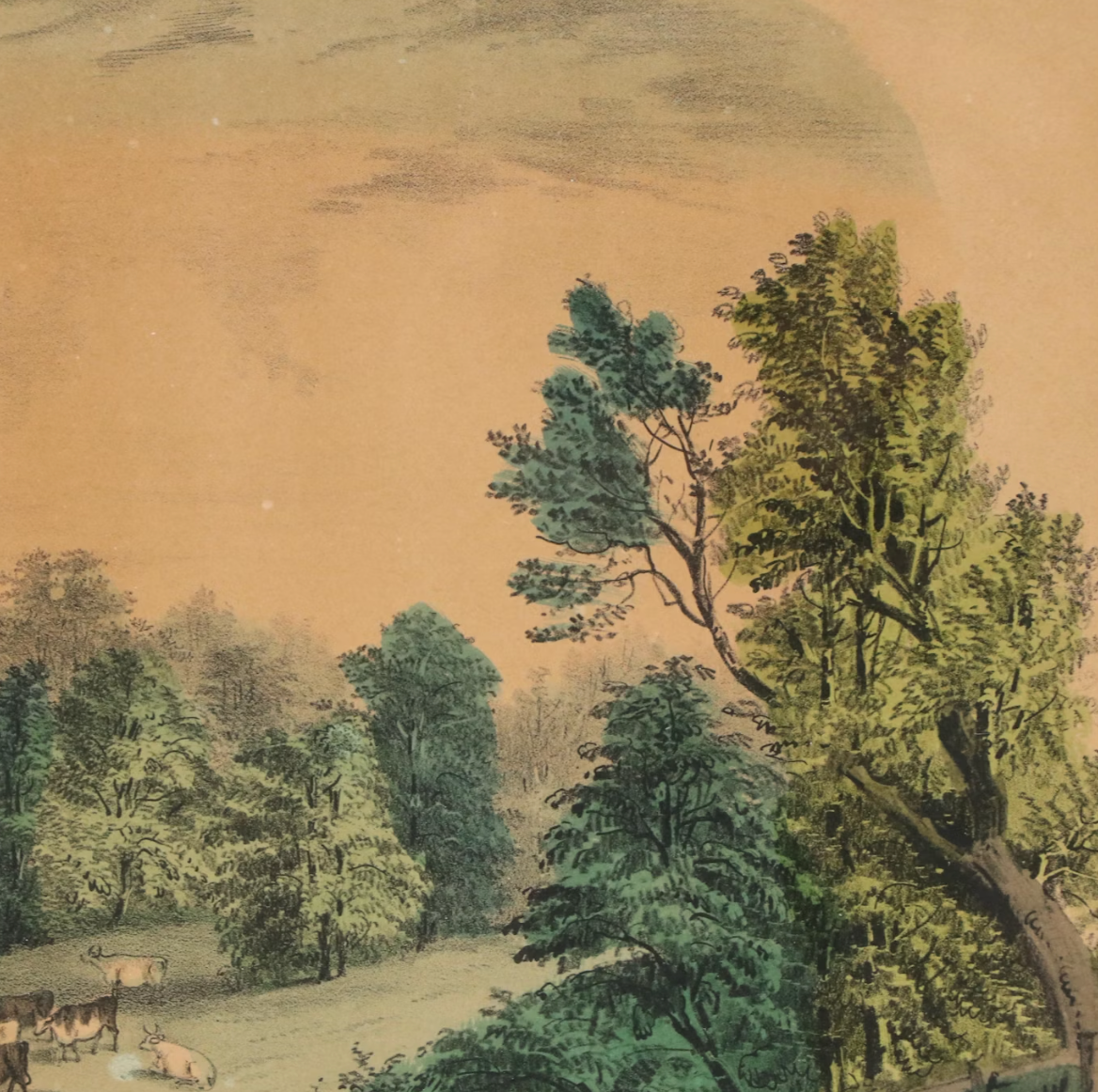 Currier and Ives Hand-Colored Lithograph "The River Side," 19th Century