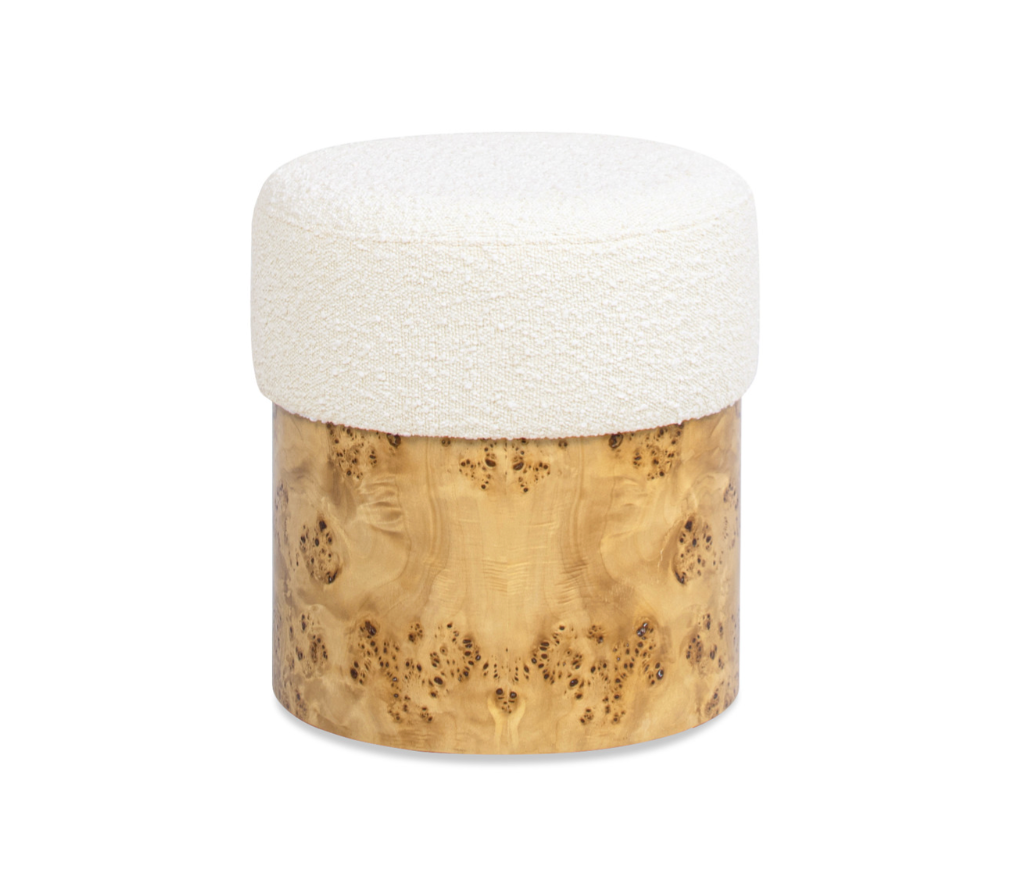 Nebula 16.5" Round Burl Wood Upholstered Ottoman, Ivory White Bouclé