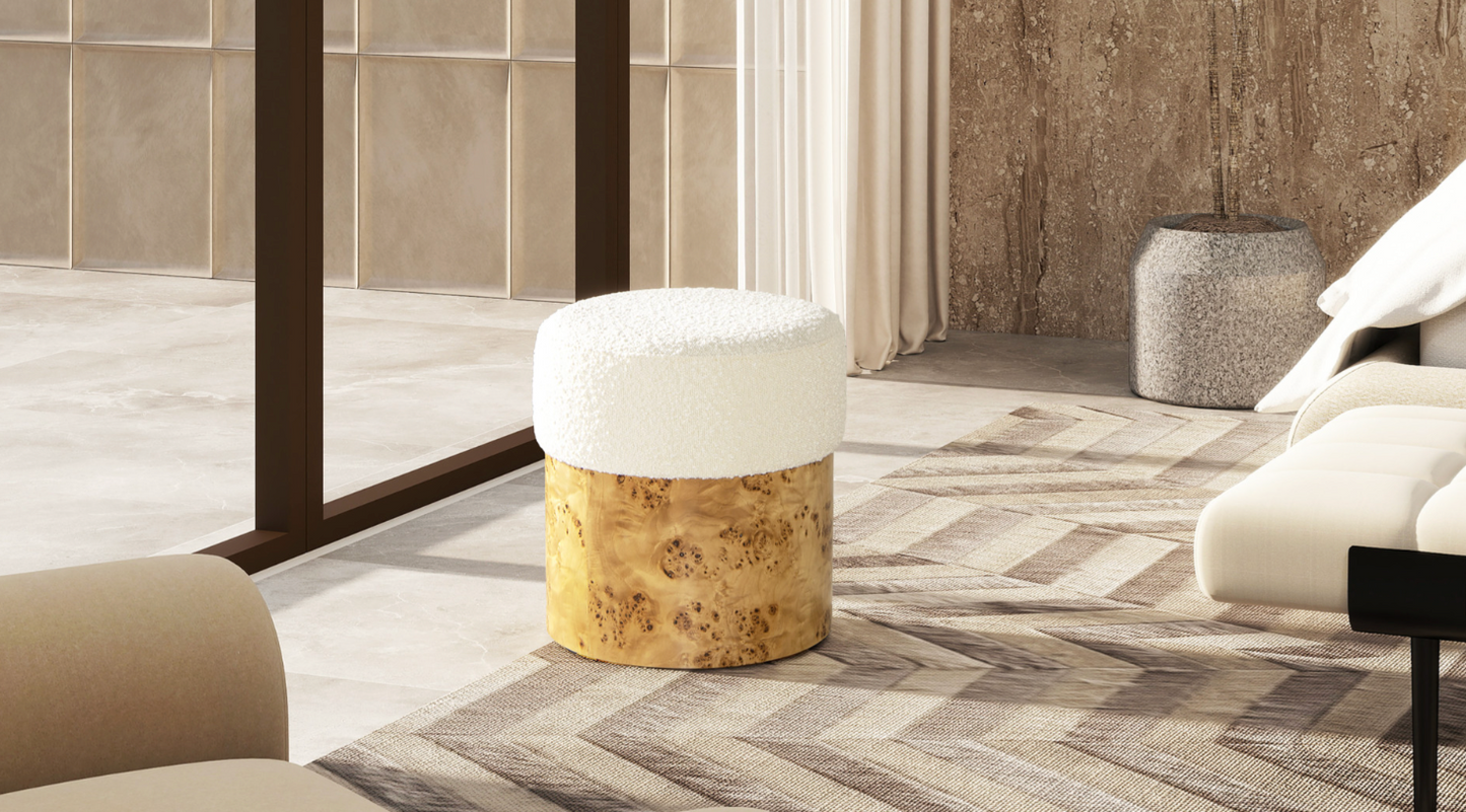Nebula 16.5" Round Burl Wood Upholstered Ottoman, Ivory White Bouclé