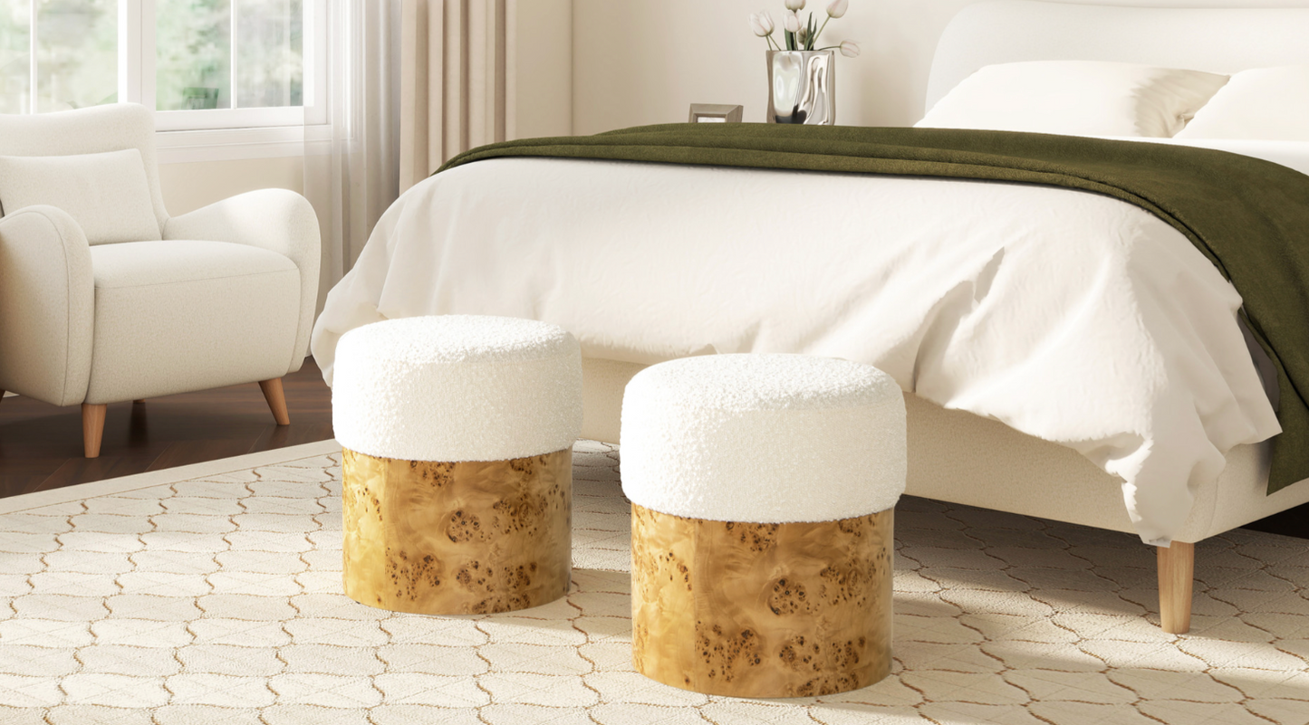 Nebula 16.5" Round Burl Wood Upholstered Ottoman, Ivory White Bouclé