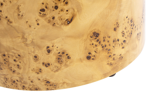 Nebula 16.5" Round Burl Wood Upholstered Ottoman, Ivory White Bouclé