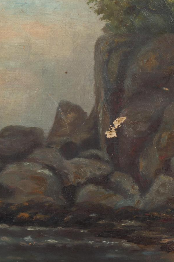 Woodland Charm, Evening landscape with trees, and rocky seascape - John Boer (1871-1937)
