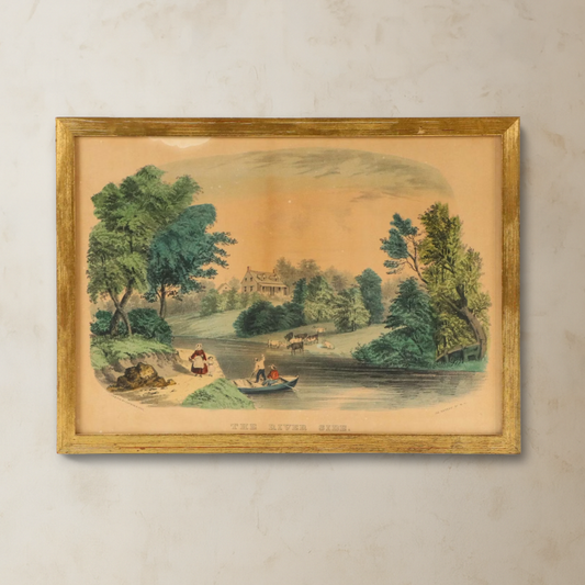 Currier and Ives Hand-Colored Lithograph "The River Side," 19th Century