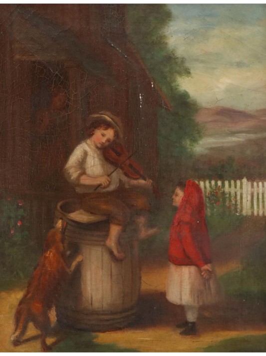 Children and Their Dog [European Genre Scene Oil Painting]