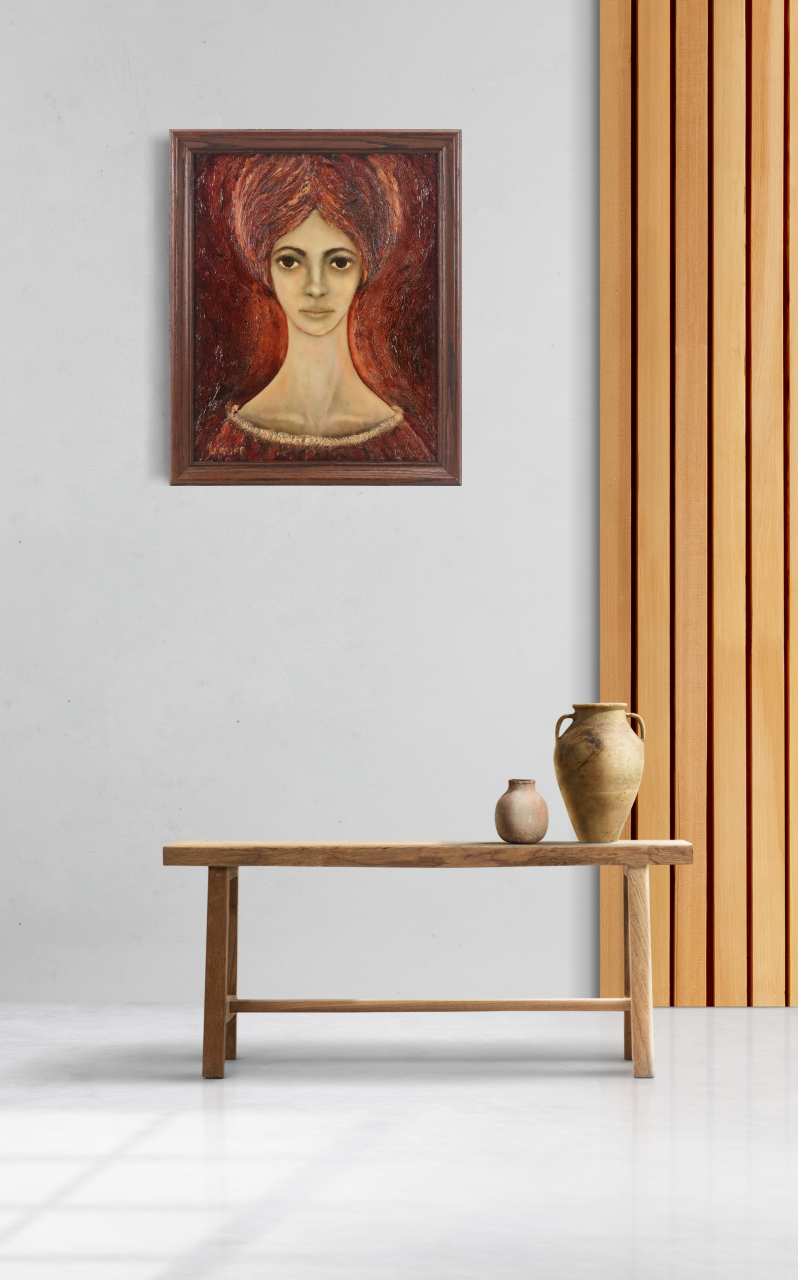 Jane Ruff Stylized Portrait Oil Painting "Flaming Head" | Early 20th Century Painting