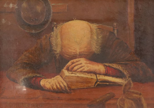 Scholar Asleep at His Desk [Early 20th Century Oil Painting]