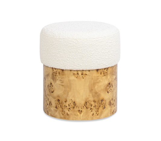 Nebula 16.5" Round Burl Wood Upholstered Ottoman, Ivory White Bouclé